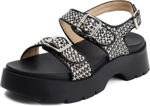 Women's Raffia Platform Sandals Adjustable Double Buckle Strap Open Toe Slingback Summer Beach Sandals Thick Sole