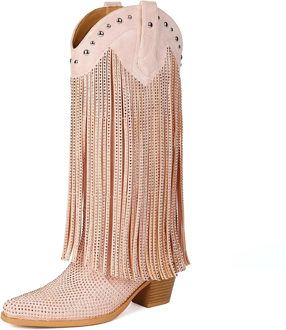 Women's Rhinestone Fringe Cowgirl Boots, Sparkly Western Cowboy Boots Pointed Toe Knee Block Chunky Middle Heel Pull On Mid Calf Boots for Women Girl Party