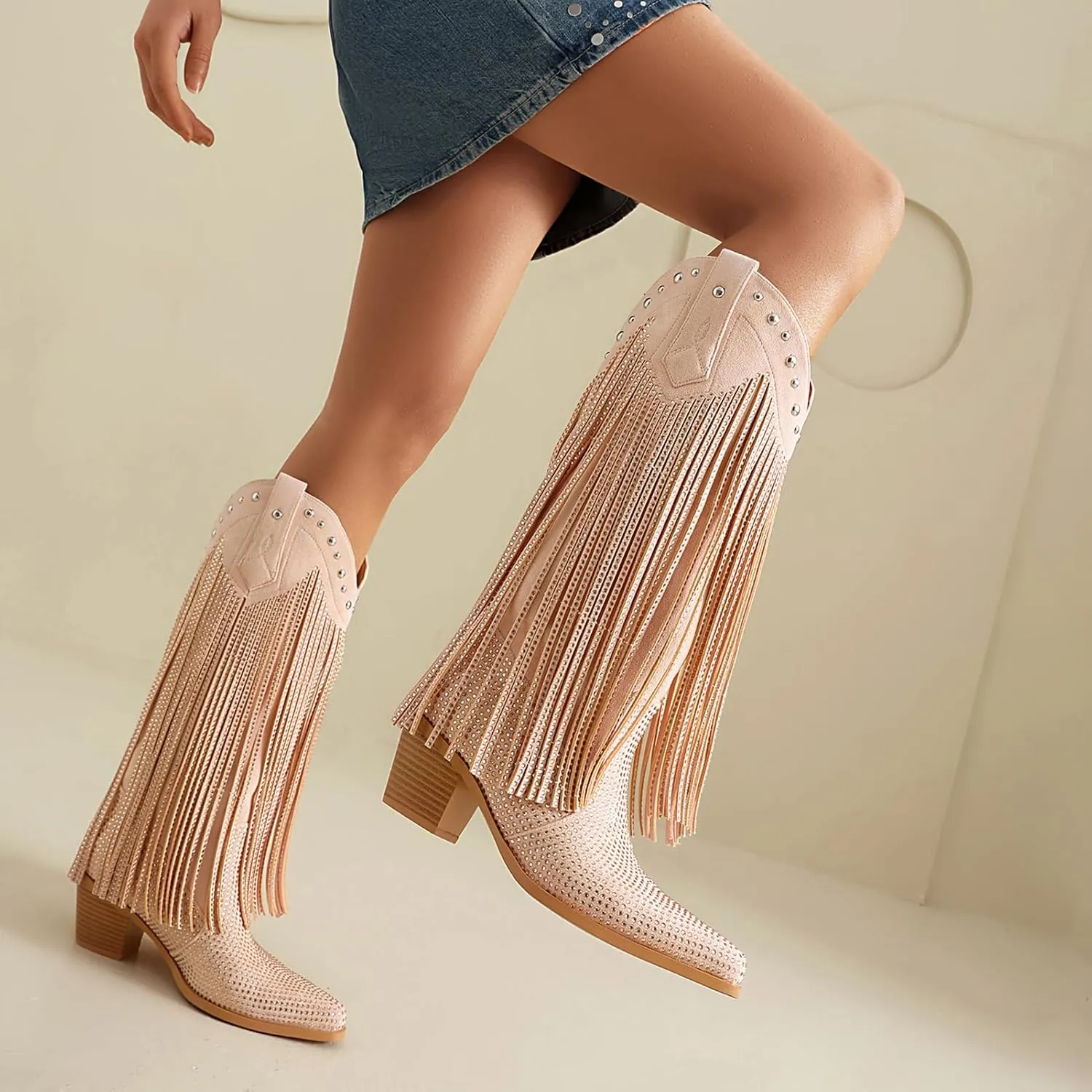 Women's Rhinestone Fringe Cowgirl Boots, Sparkly Western Cowboy Boots Pointed Toe Knee Block Chunky Middle Heel Pull On Mid Calf Boots for Women Girl Party
