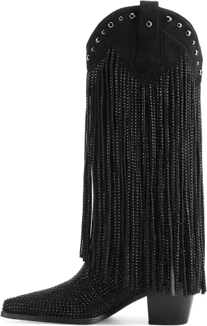 Women's Rhinestone Fringe Cowgirl Boots, Sparkly Western Cowboy Boots Pointed Toe Knee Block Chunky Middle Heel Pull On Mid Calf Boots for Women Girl Party