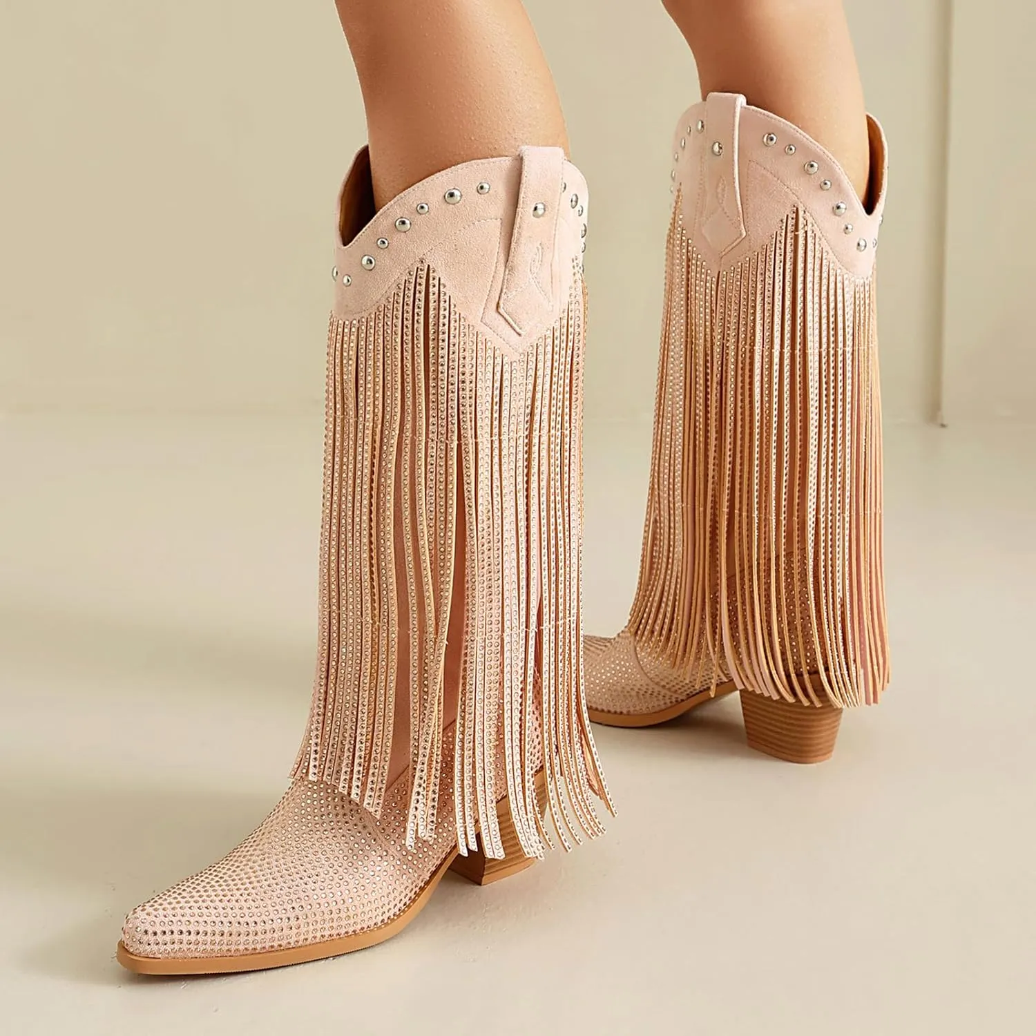 Women's Rhinestone Fringe Cowgirl Boots, Sparkly Western Cowboy Boots Pointed Toe Knee Block Chunky Middle Heel Pull On Mid Calf Boots for Women Girl Party