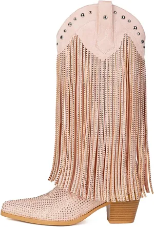 Women's Rhinestone Fringe Cowgirl Boots, Sparkly Western Cowboy Boots Pointed Toe Knee Block Chunky Middle Heel Pull On Mid Calf Boots for Women Girl Party