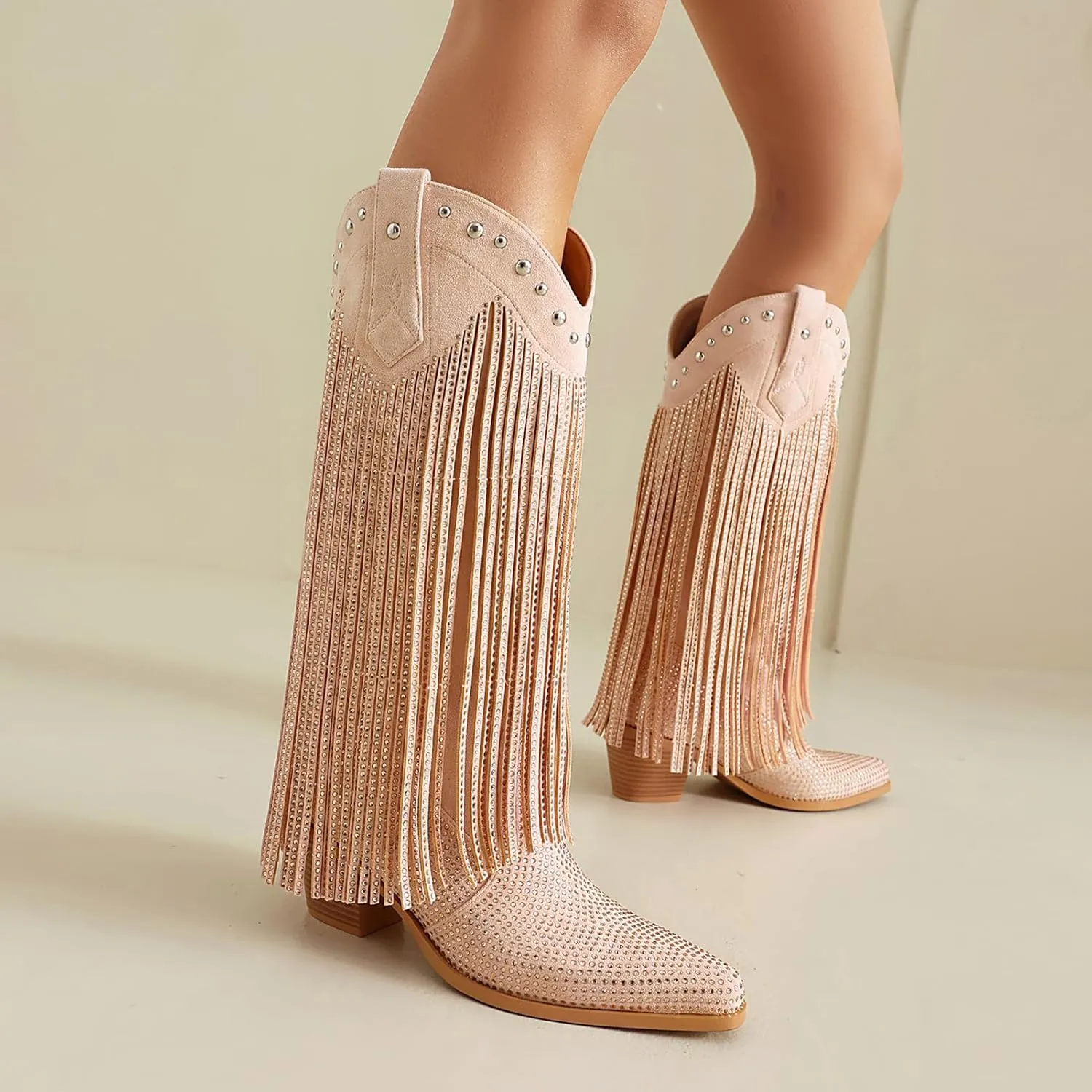 Women's Rhinestone Fringe Cowgirl Boots, Sparkly Western Cowboy Boots Pointed Toe Knee Block Chunky Middle Heel Pull On Mid Calf Boots for Women Girl Party