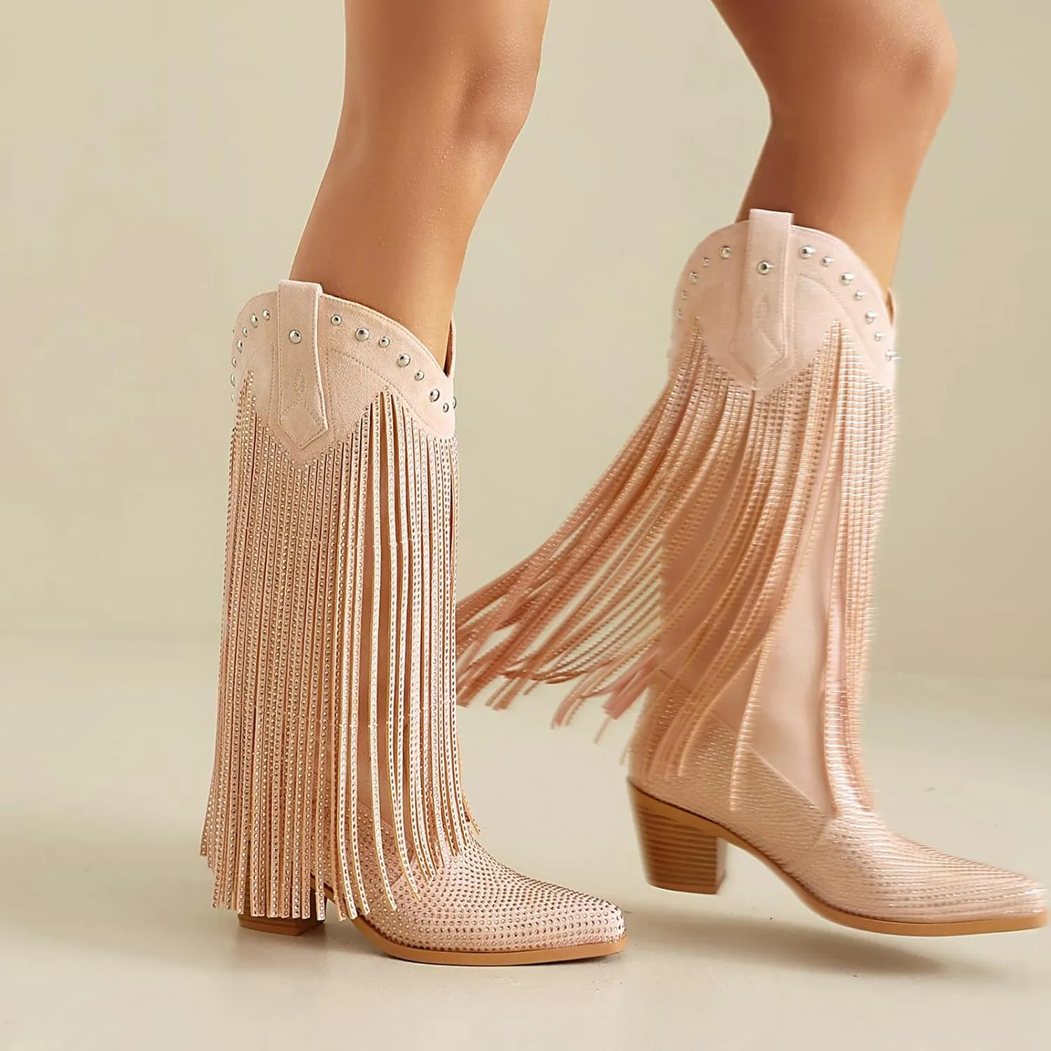 Women's Rhinestone Fringe Cowgirl Boots, Sparkly Western Cowboy Boots Pointed Toe Knee Block Chunky Middle Heel Pull On Mid Calf Boots for Women Girl Party