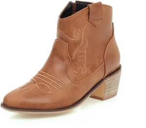 Women's Riley Western Booties, Classic Point Toe Embroidered Western Rodeo Cowboy Sheriff Boot with Zipper Ankle Boots Low Heel for Women