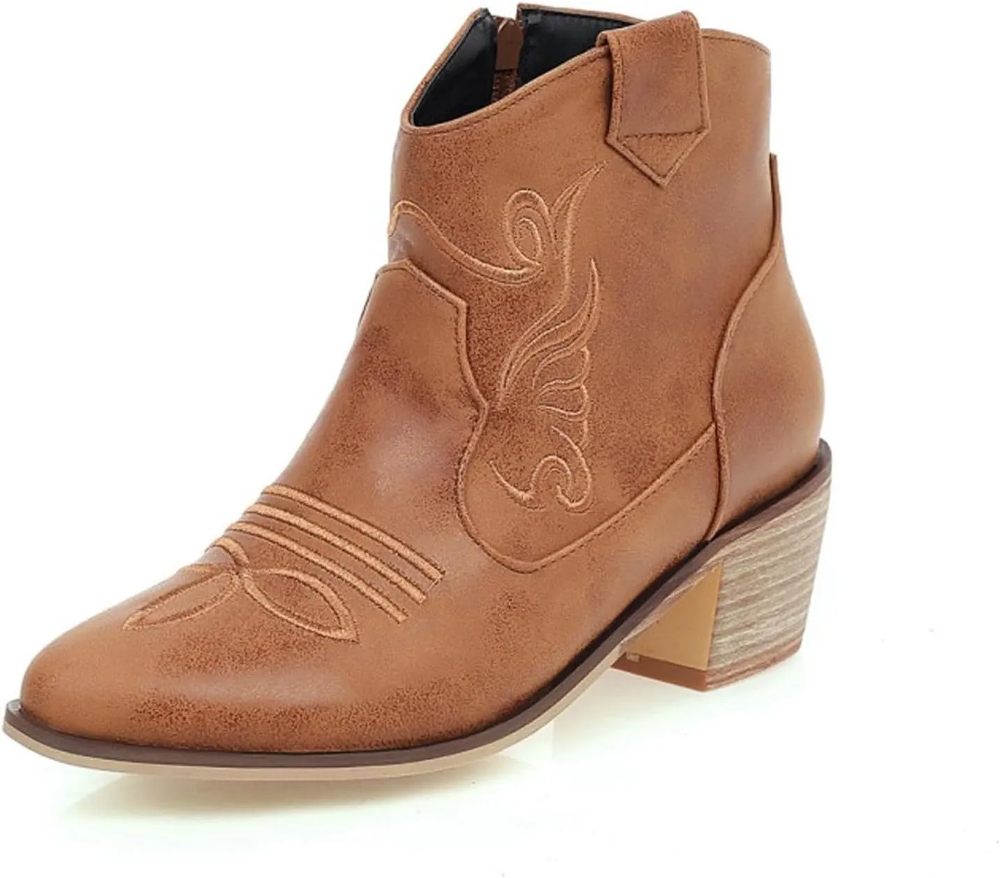 Women's Riley Western Booties, Classic Point Toe Embroidered Western Rodeo Cowboy Sheriff Boot with Zipper Ankle Boots Low Heel for Women