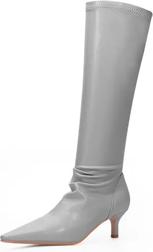 Women's Sexy kitten Heel Knee High Boots Stiletto Heel Square Toe Slip On Thigh High Boots