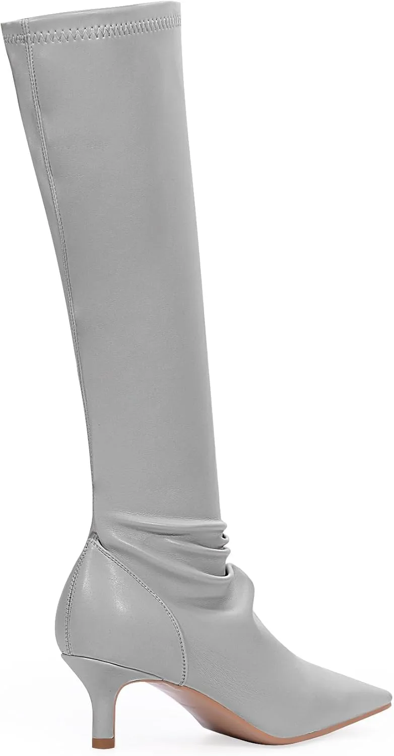 Women's Sexy kitten Heel Knee High Boots Stiletto Heel Square Toe Slip On Thigh High Boots