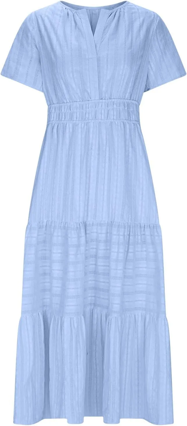 Women's Short Sleeve Fashion Sun Dress Simple Solid Color Beach Dresses Flowy Casual Clothes