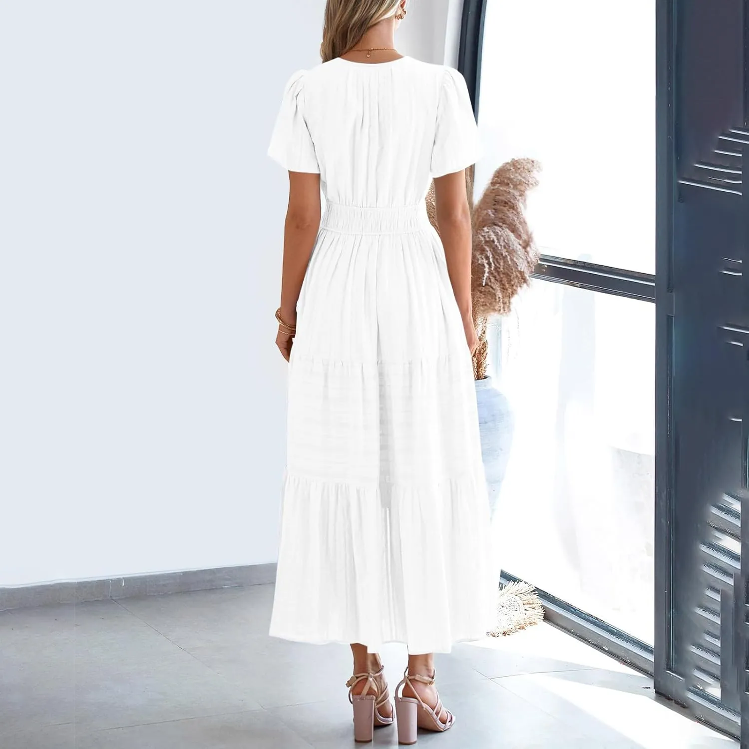 Women's Short Sleeve Fashion Sun Dress Simple Solid Color Beach Dresses Flowy Casual Clothes