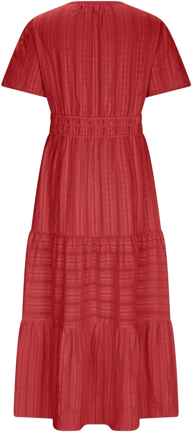 Women's Short Sleeve Fashion Sun Dress Simple Solid Color Beach Dresses Flowy Casual Clothes