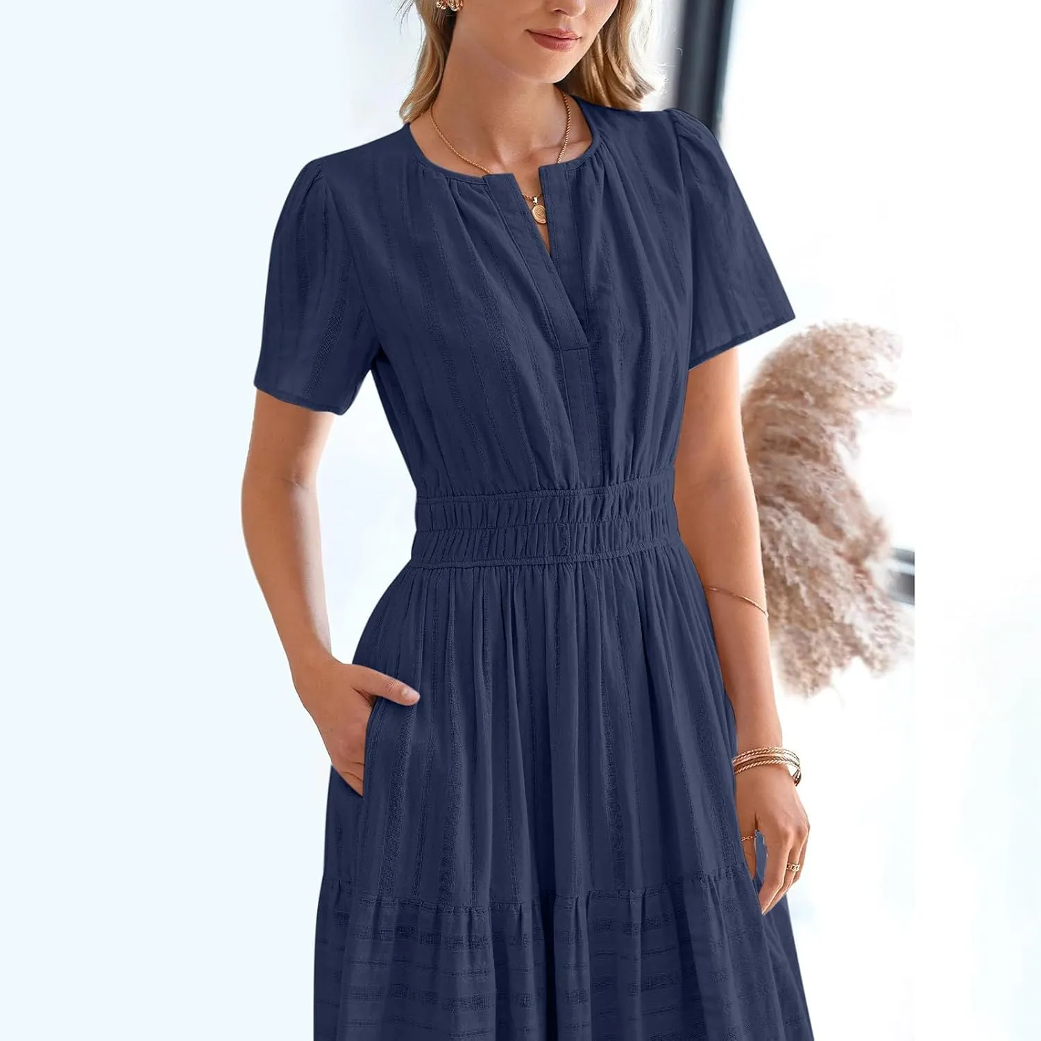 Women's Short Sleeve Fashion Sun Dress Simple Solid Color Beach Dresses Flowy Casual Clothes