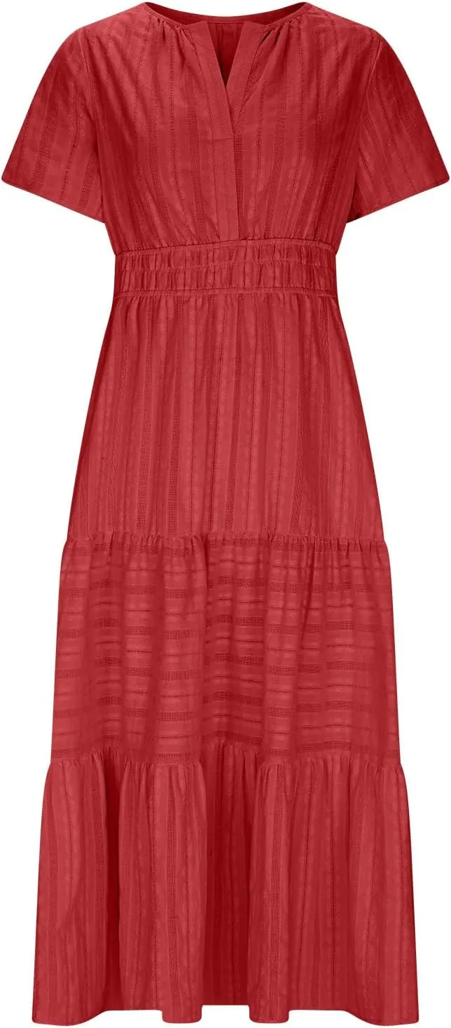 Women's Short Sleeve Fashion Sun Dress Simple Solid Color Beach Dresses Flowy Casual Clothes