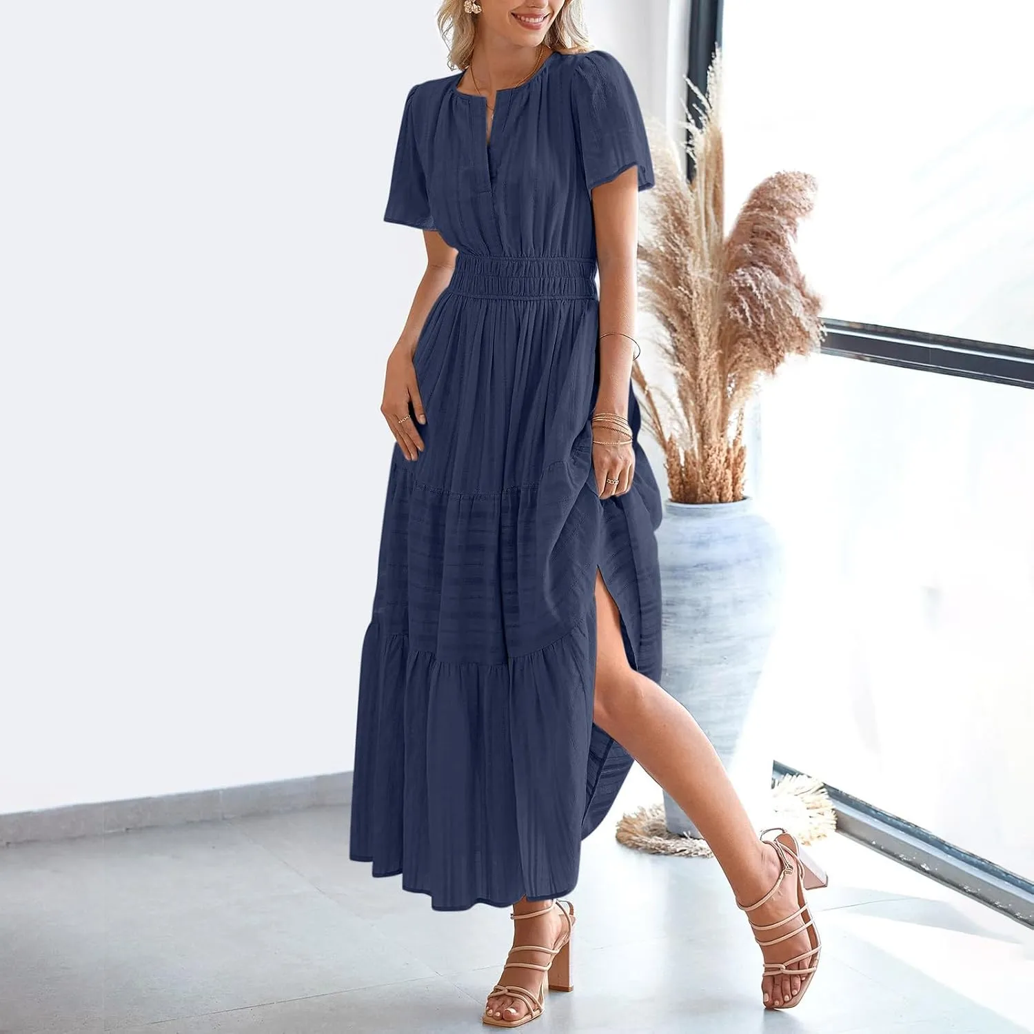 Women's Short Sleeve Fashion Sun Dress Simple Solid Color Beach Dresses Flowy Casual Clothes