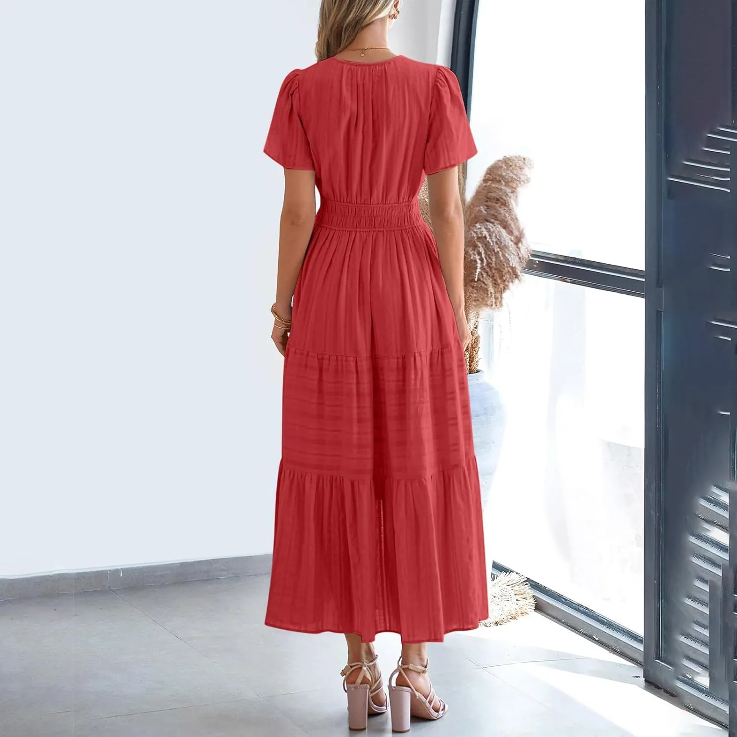 Women's Short Sleeve Fashion Sun Dress Simple Solid Color Beach Dresses Flowy Casual Clothes