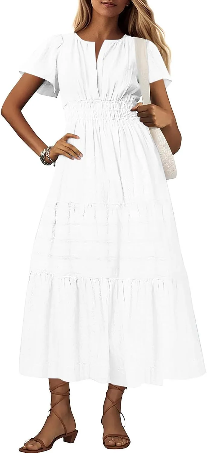 Women's Short Sleeve Fashion Sun Dress Simple Solid Color Beach Dresses Flowy Casual Clothes