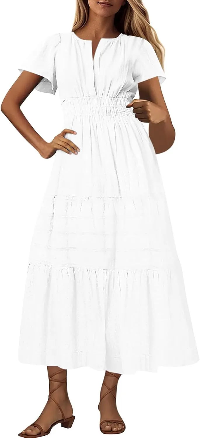 Women's Short Sleeve Fashion Sun Dress Simple Solid Color Beach Dresses Flowy Casual Clothes