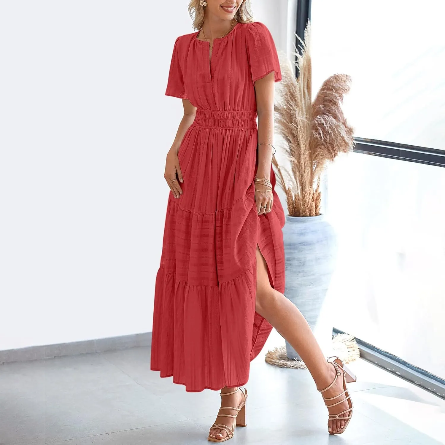 Women's Short Sleeve Fashion Sun Dress Simple Solid Color Beach Dresses Flowy Casual Clothes