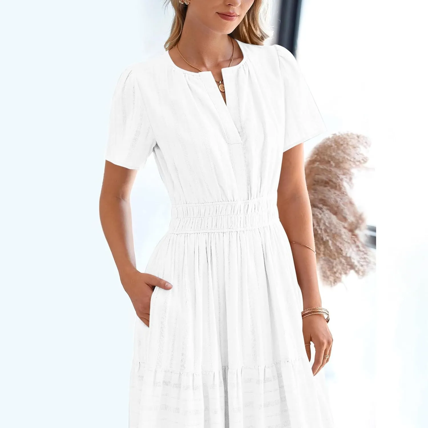 Women's Short Sleeve Fashion Sun Dress Simple Solid Color Beach Dresses Flowy Casual Clothes
