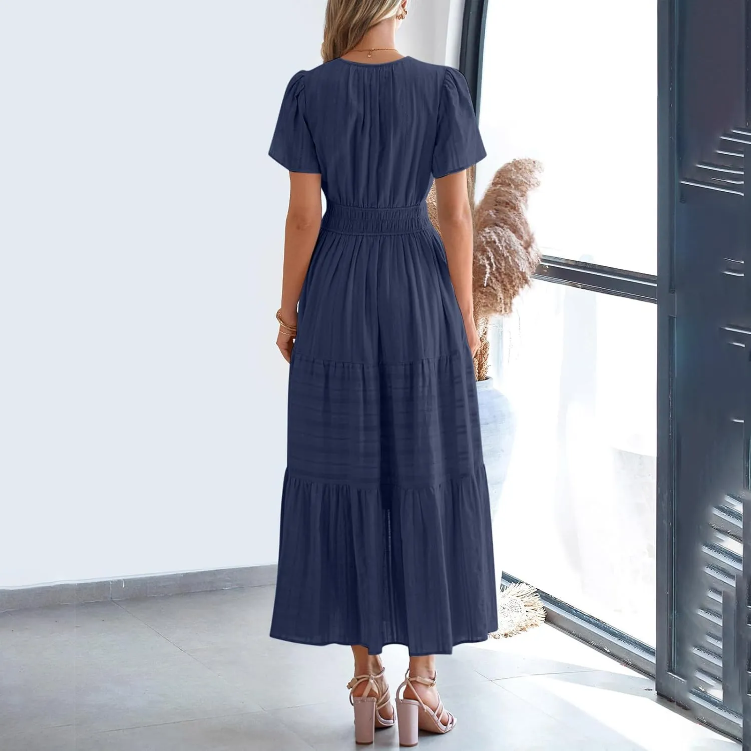 Women's Short Sleeve Fashion Sun Dress Simple Solid Color Beach Dresses Flowy Casual Clothes