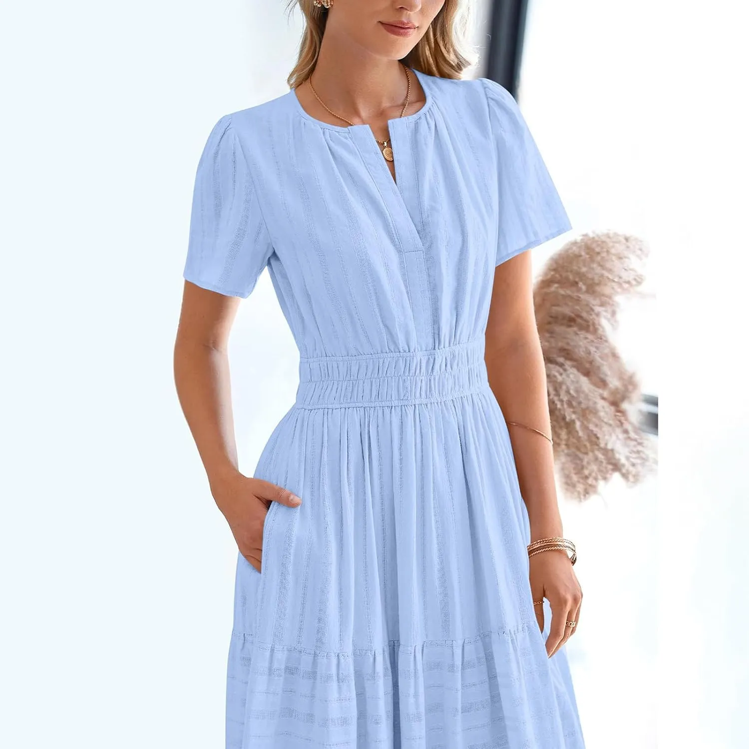 Women's Short Sleeve Fashion Sun Dress Simple Solid Color Beach Dresses Flowy Casual Clothes