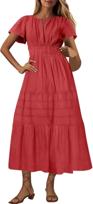 Women's Short Sleeve Fashion Sun Dress Simple Solid Color Beach Dresses Flowy Casual Clothes