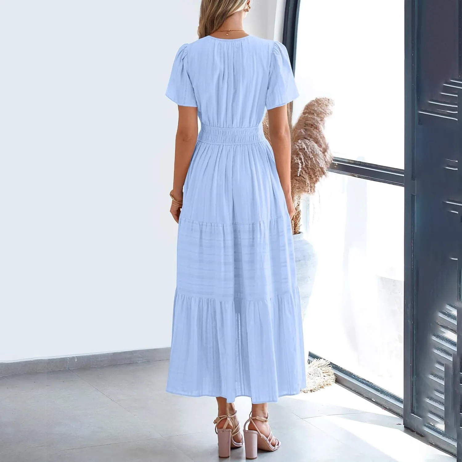 Women's Short Sleeve Fashion Sun Dress Simple Solid Color Beach Dresses Flowy Casual Clothes