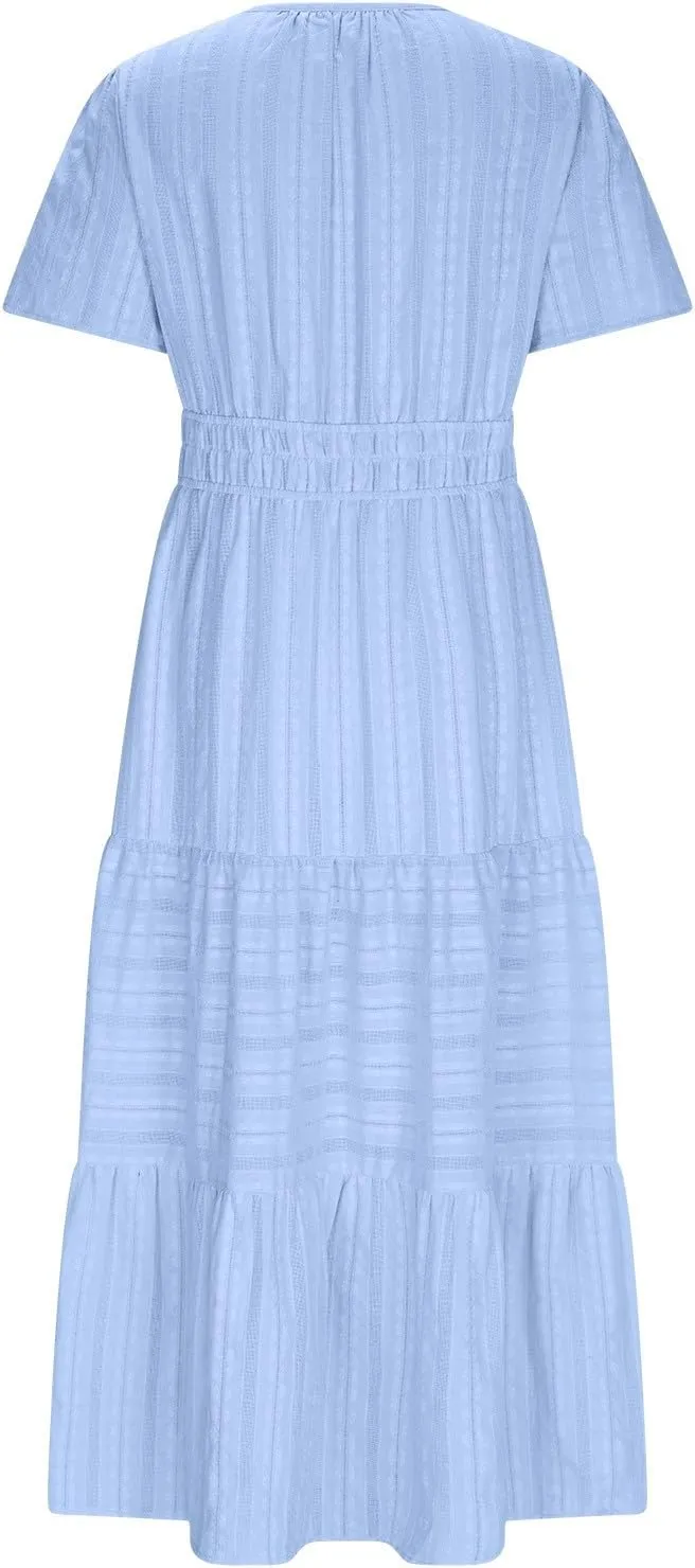 Women's Short Sleeve Fashion Sun Dress Simple Solid Color Beach Dresses Flowy Casual Clothes