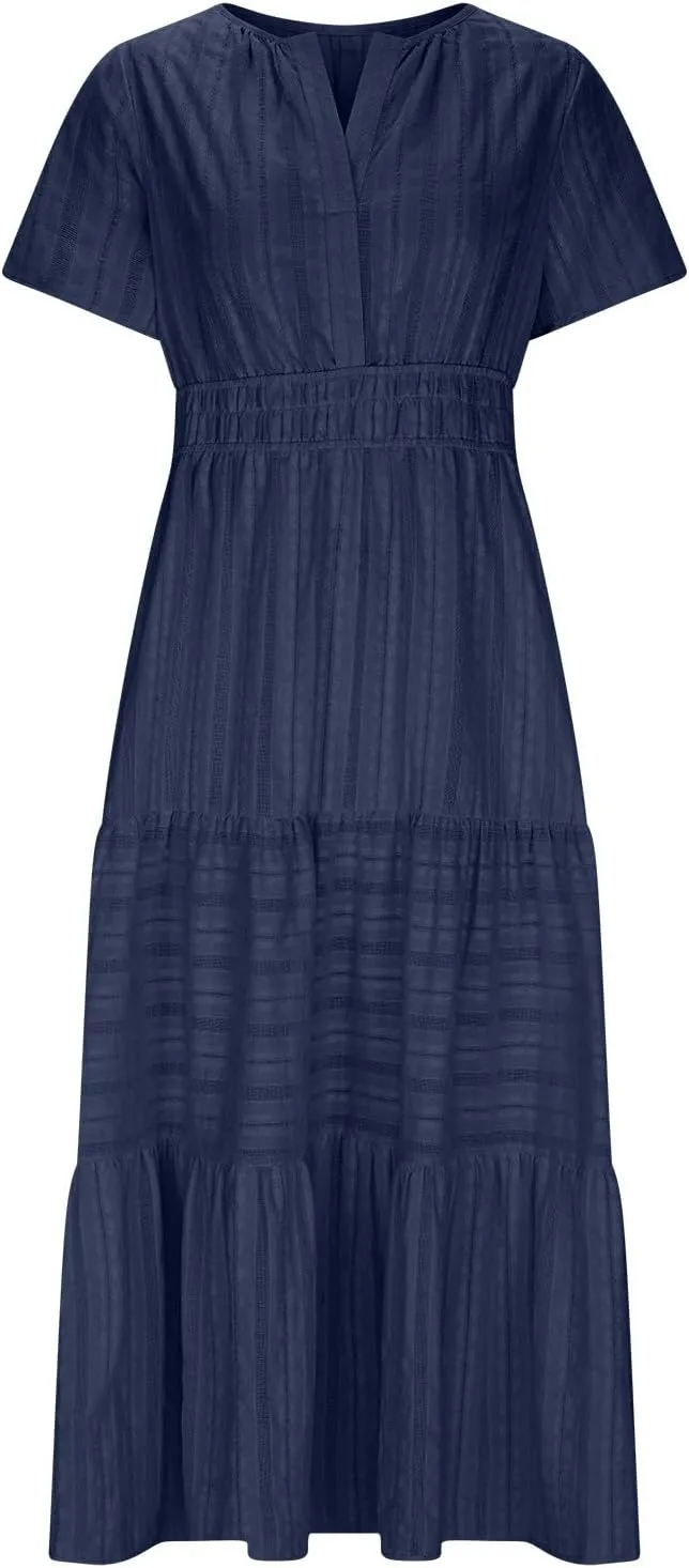 Women's Short Sleeve Fashion Sun Dress Simple Solid Color Beach Dresses Flowy Casual Clothes