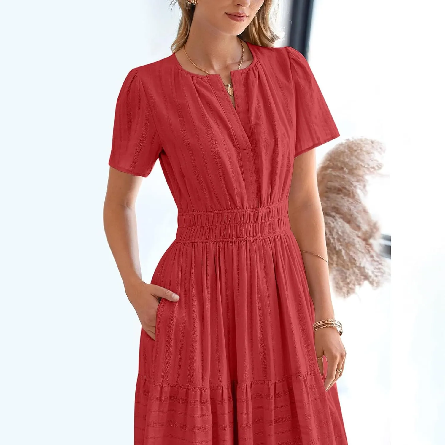 Women's Short Sleeve Fashion Sun Dress Simple Solid Color Beach Dresses Flowy Casual Clothes