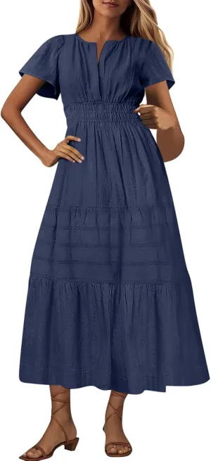 Women's Short Sleeve Fashion Sun Dress Simple Solid Color Beach Dresses Flowy Casual Clothes