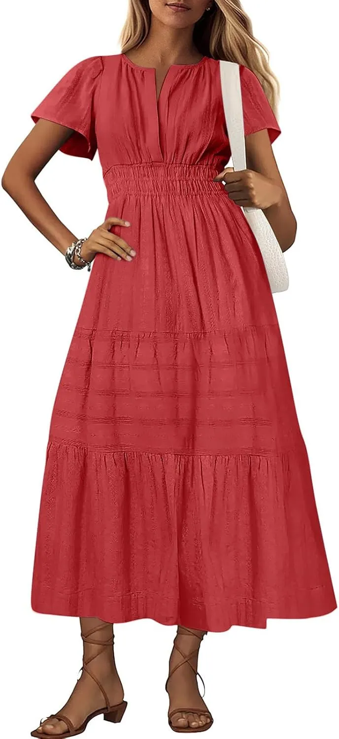 Women's Short Sleeve Fashion Sun Dress Simple Solid Color Beach Dresses Flowy Casual Clothes