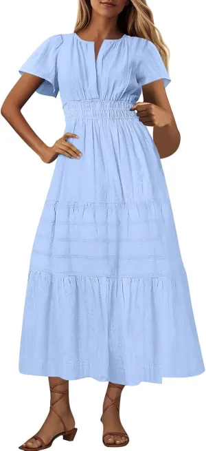 Women's Short Sleeve Fashion Sun Dress Simple Solid Color Beach Dresses Flowy Casual Clothes