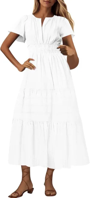 Women's Short Sleeve Fashion Sun Dress Simple Solid Color Beach Dresses Flowy Casual Clothes
