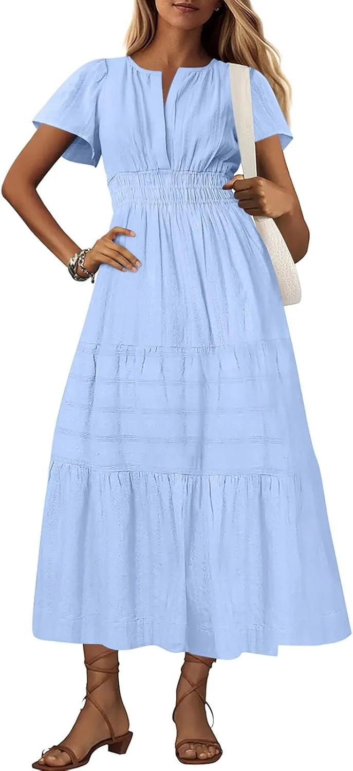 Women's Short Sleeve Fashion Sun Dress Simple Solid Color Beach Dresses Flowy Casual Clothes