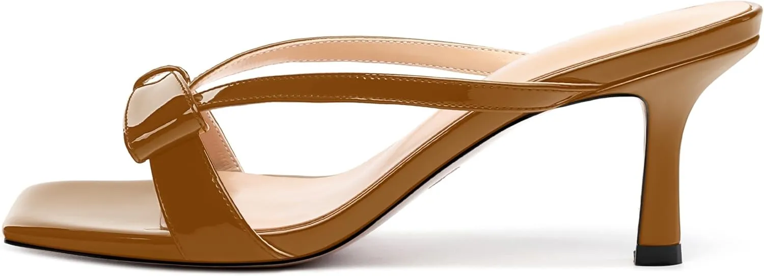 Womens Square Open Toe Sandals, Fashion Bow Heels for Women Kitten Heels Slip On Solid Strappy Heeled Sandals Comfort Dress Party Shoes