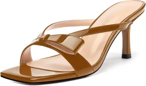 Womens Square Open Toe Sandals, Fashion Bow Heels for Women Kitten Heels Slip On Solid Strappy Heeled Sandals Comfort Dress Party Shoes