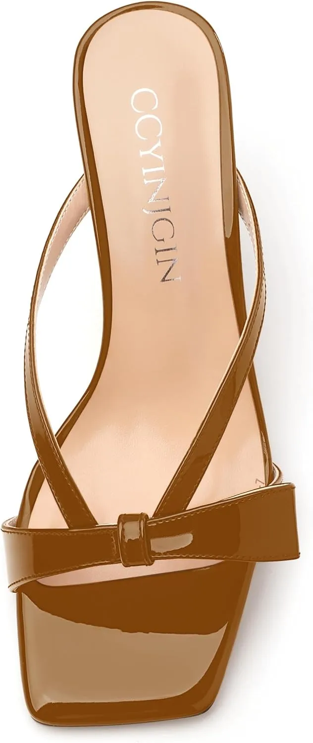 Womens Square Open Toe Sandals, Fashion Bow Heels for Women Kitten Heels Slip On Solid Strappy Heeled Sandals Comfort Dress Party Shoes