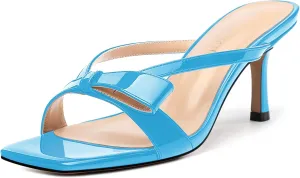 Womens Square Open Toe Sandals, Fashion Bow Heels for Women Kitten Heels Slip On Solid Strappy Heeled Sandals Comfort Dress Party Shoes