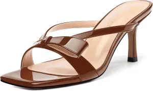 Womens Square Open Toe Sandals, Fashion Bow Heels for Women Kitten Heels Slip On Solid Strappy Heeled Sandals Comfort Dress Party Shoes