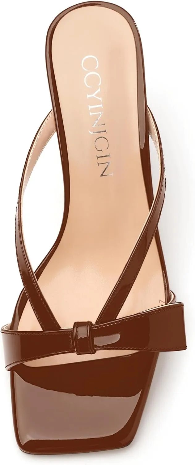 Womens Square Open Toe Sandals, Fashion Bow Heels for Women Kitten Heels Slip On Solid Strappy Heeled Sandals Comfort Dress Party Shoes