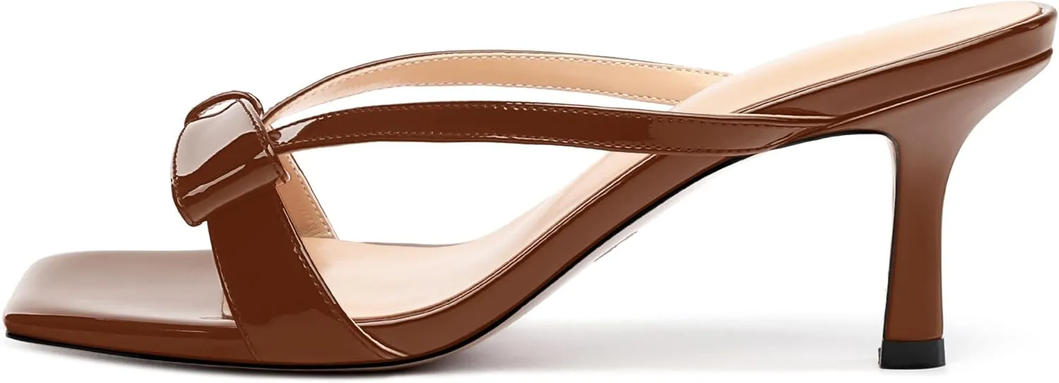Womens Square Open Toe Sandals, Fashion Bow Heels for Women Kitten Heels Slip On Solid Strappy Heeled Sandals Comfort Dress Party Shoes