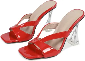 Women's Square Toe Clear Kitten Heels Sandals Open Toe Slip On Transparent Heeled Sandals Backless Party Dress Summer Slides