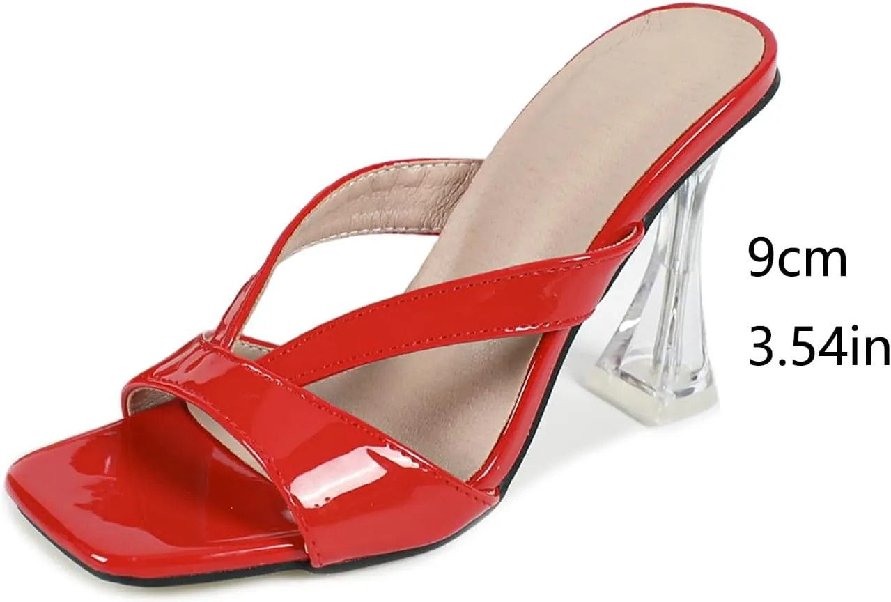 Women's Square Toe Clear Kitten Heels Sandals Open Toe Slip On Transparent Heeled Sandals Backless Party Dress Summer Slides
