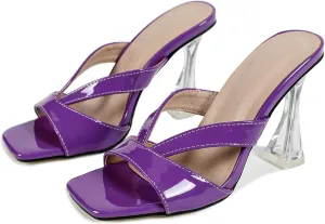 Women's Square Toe Clear Kitten Heels Sandals Open Toe Slip On Transparent Heeled Sandals Backless Party Dress Summer Slides
