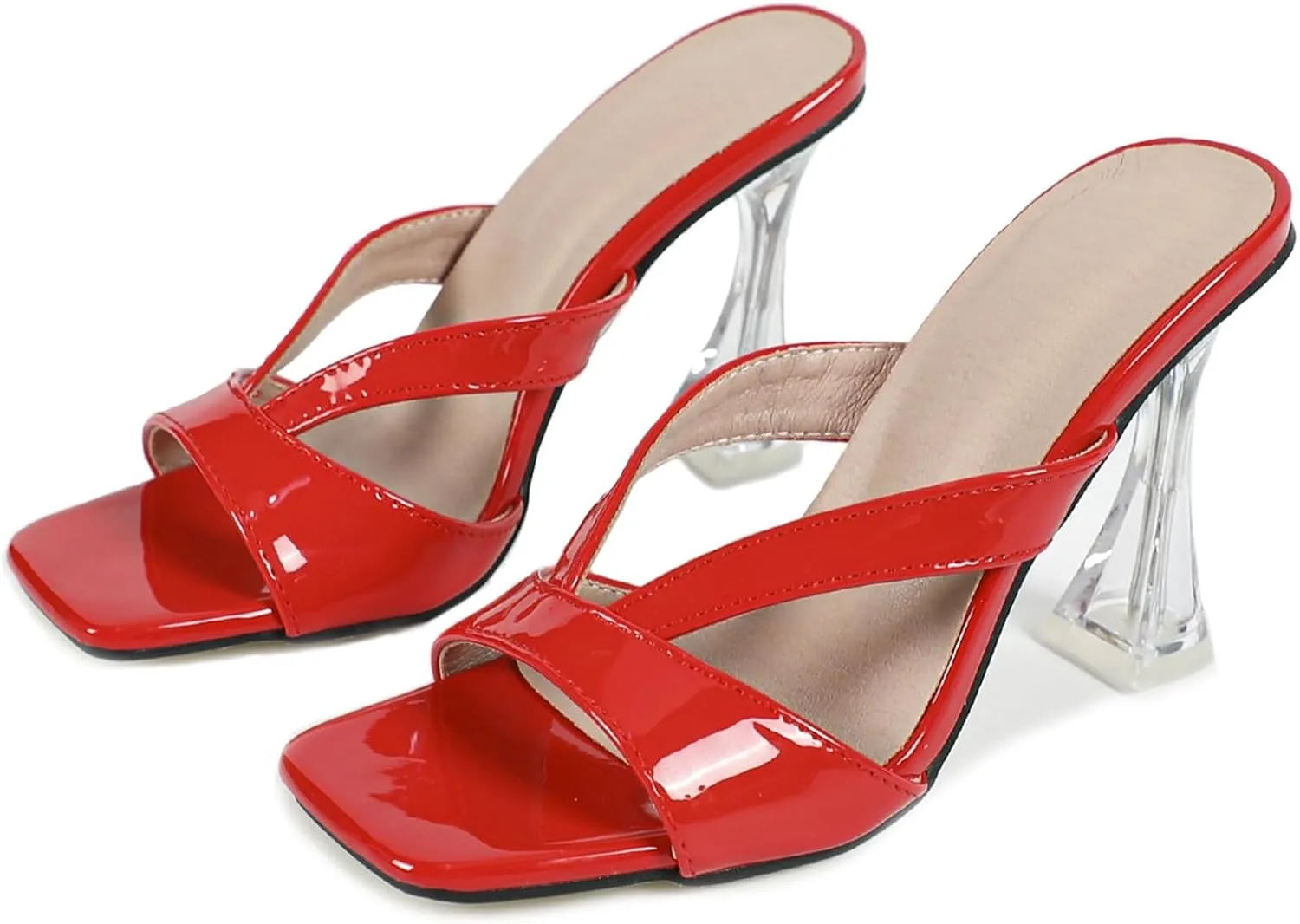 Women's Square Toe Clear Kitten Heels Sandals Open Toe Slip On Transparent Heeled Sandals Backless Party Dress Summer Slides