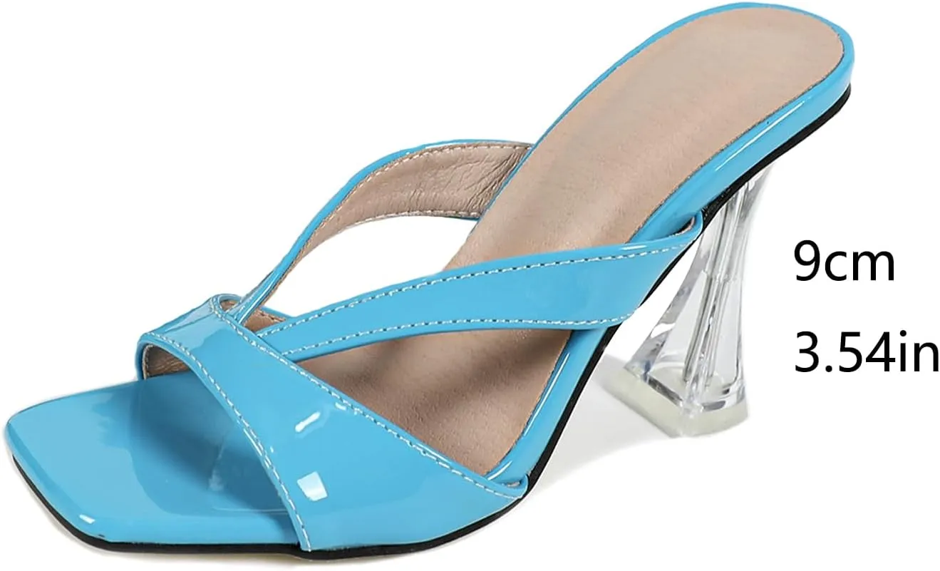 Women's Square Toe Clear Kitten Heels Sandals Open Toe Slip On Transparent Heeled Sandals Backless Party Dress Summer Slides