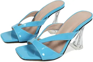 Women's Square Toe Clear Kitten Heels Sandals Open Toe Slip On Transparent Heeled Sandals Backless Party Dress Summer Slides