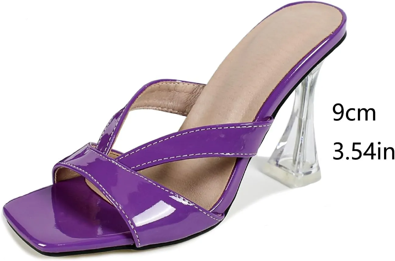 Women's Square Toe Clear Kitten Heels Sandals Open Toe Slip On Transparent Heeled Sandals Backless Party Dress Summer Slides