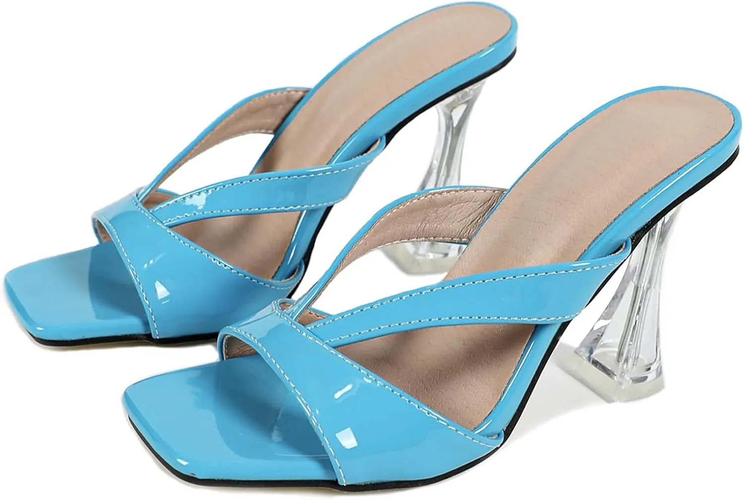 Women's Square Toe Clear Kitten Heels Sandals Open Toe Slip On Transparent Heeled Sandals Backless Party Dress Summer Slides